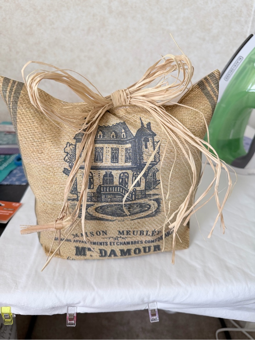 Natural Burlap Print Sachet Pillow with Raffia Bow